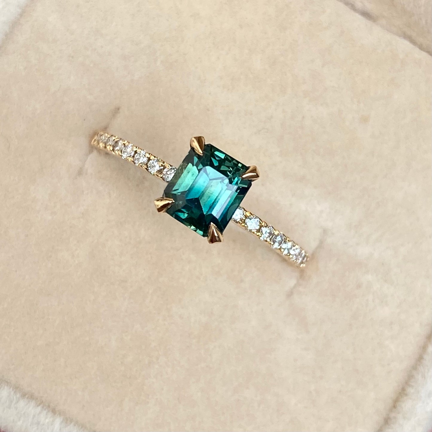 Natural Teal Sapphire Diamond Pave band Engagement Ring