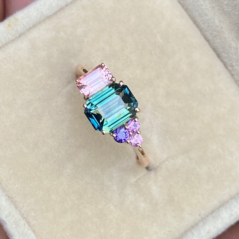 Teal Sapphire Cluster Engagement Ring 14K Rose Gold