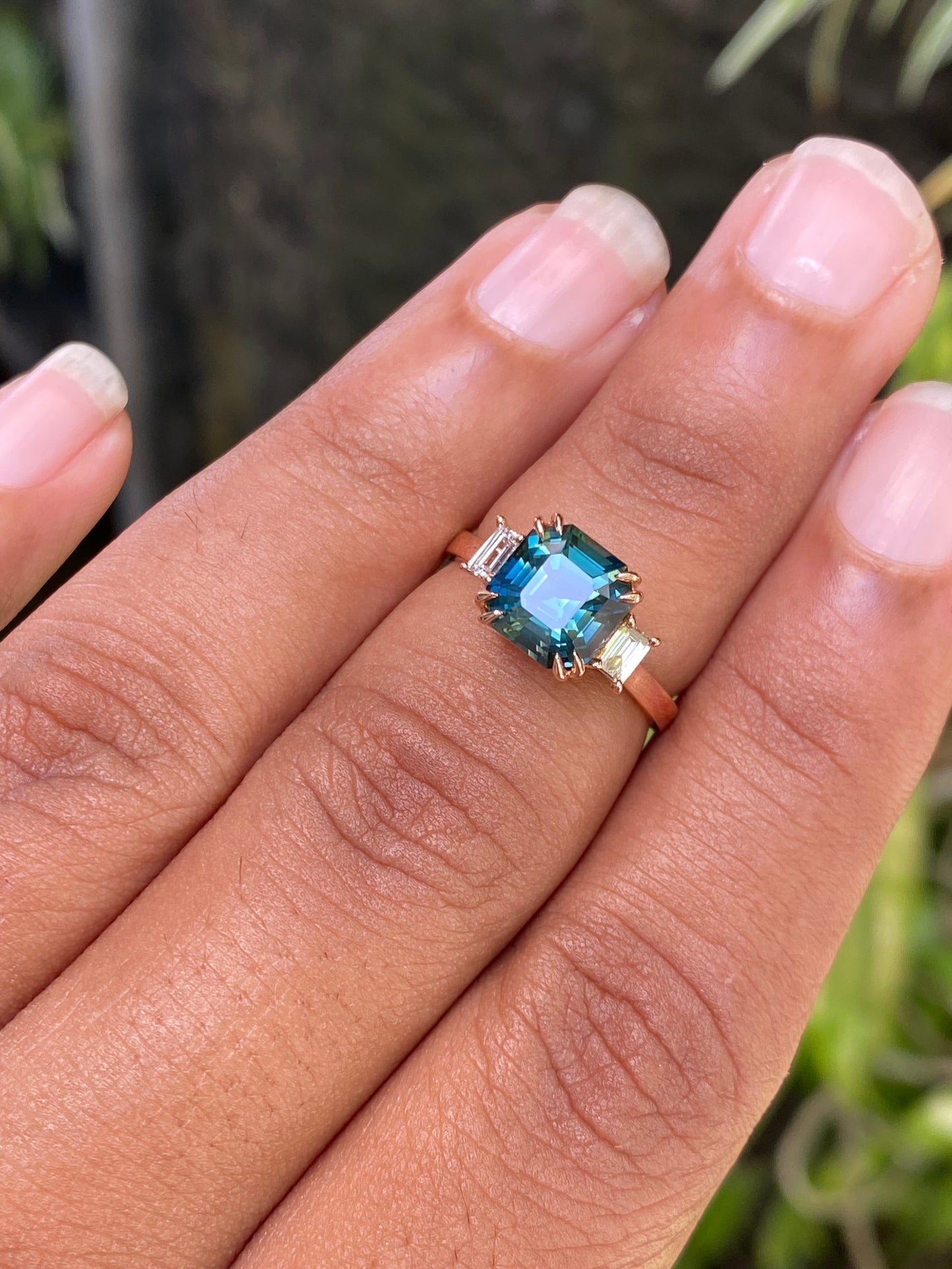 3 carat Teal Sapphire Ring, Baguette Diamond Three Stone Engagement Ring