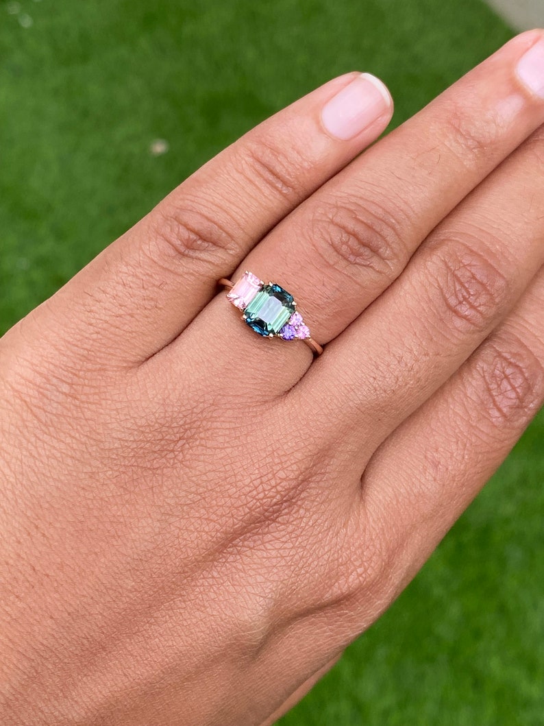 Teal Sapphire Cluster Engagement Ring 14K Rose Gold