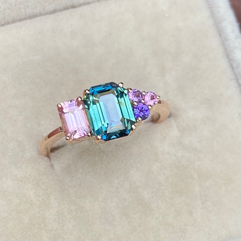 Teal Sapphire Cluster Engagement Ring 14K Rose Gold