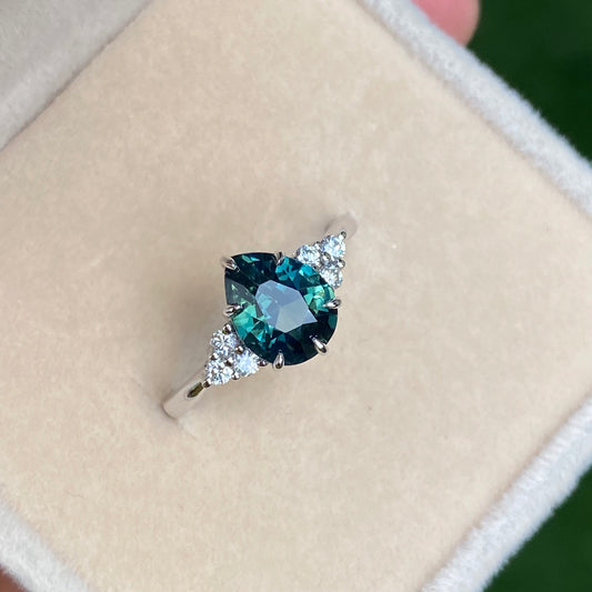Pear Teal Sapphire Ring / Engagement Ring /Green Sapphire Ring, Peacock Sapphire Ring