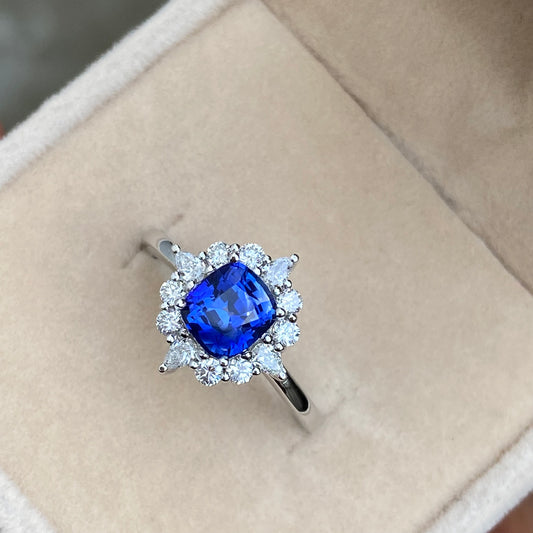 Ceylon Blue Sapphire Ring, Fairy Engagement ring, Blue Sapphire White Gold Ring, Sunburst Diamond Ring