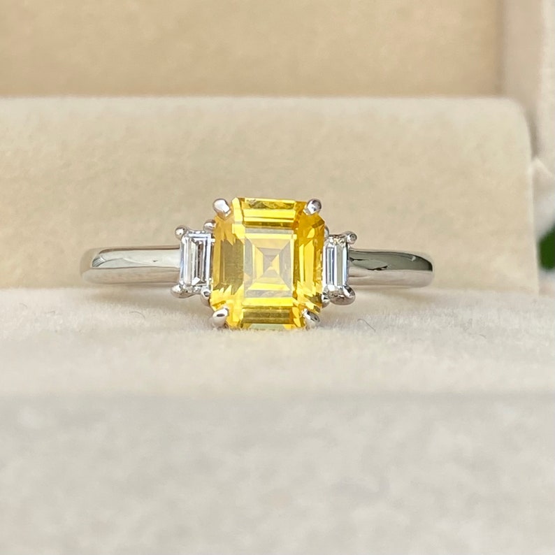 Golden Yellow Sapphire & Diamond Engagement Ring 14K White Gold
