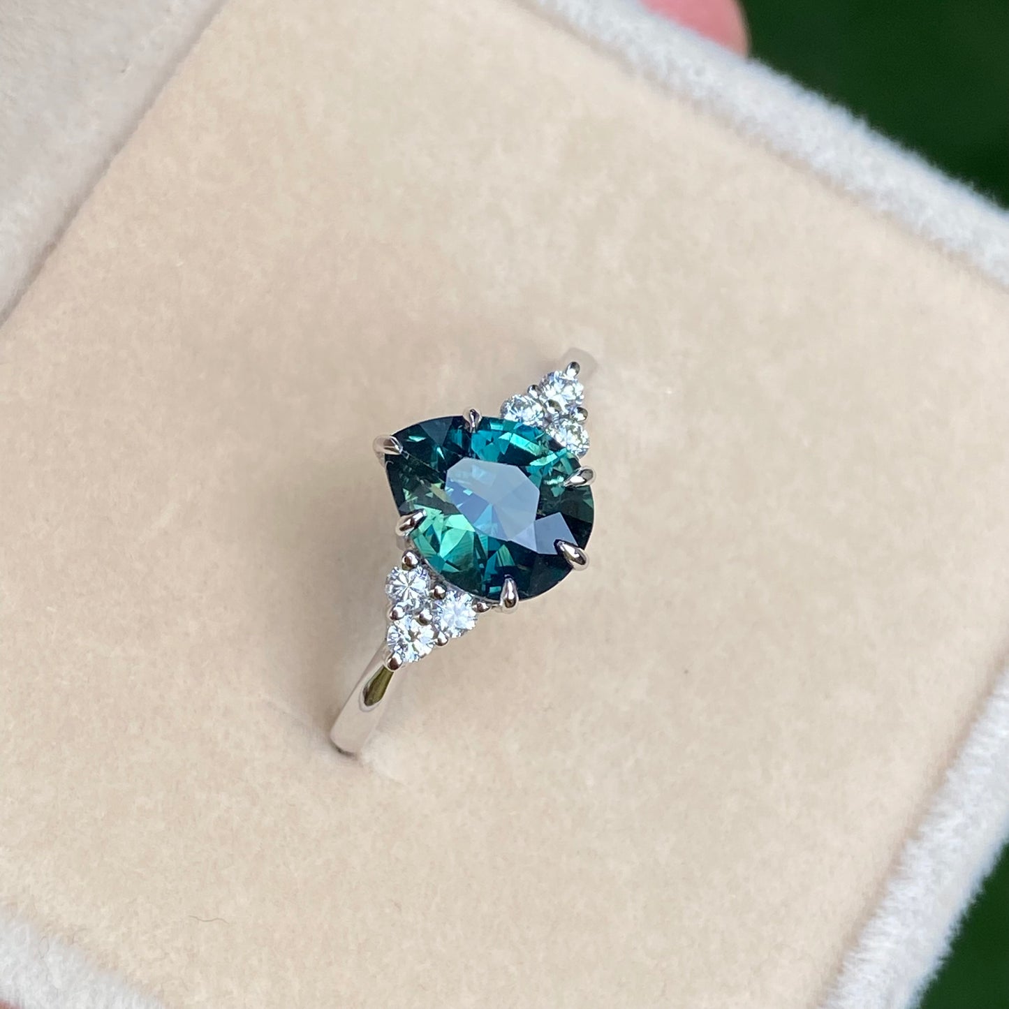 Pear Teal Sapphire Ring / Engagement Ring /Green Sapphire Ring, Peacock Sapphire Ring