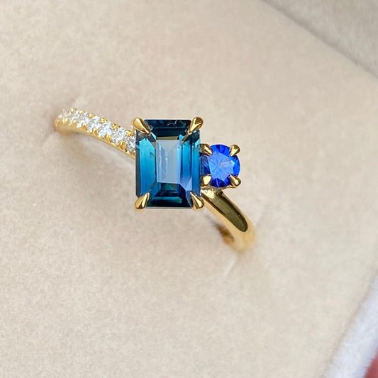 Teal Sapphire two stone Engagement Ring 14K Gold