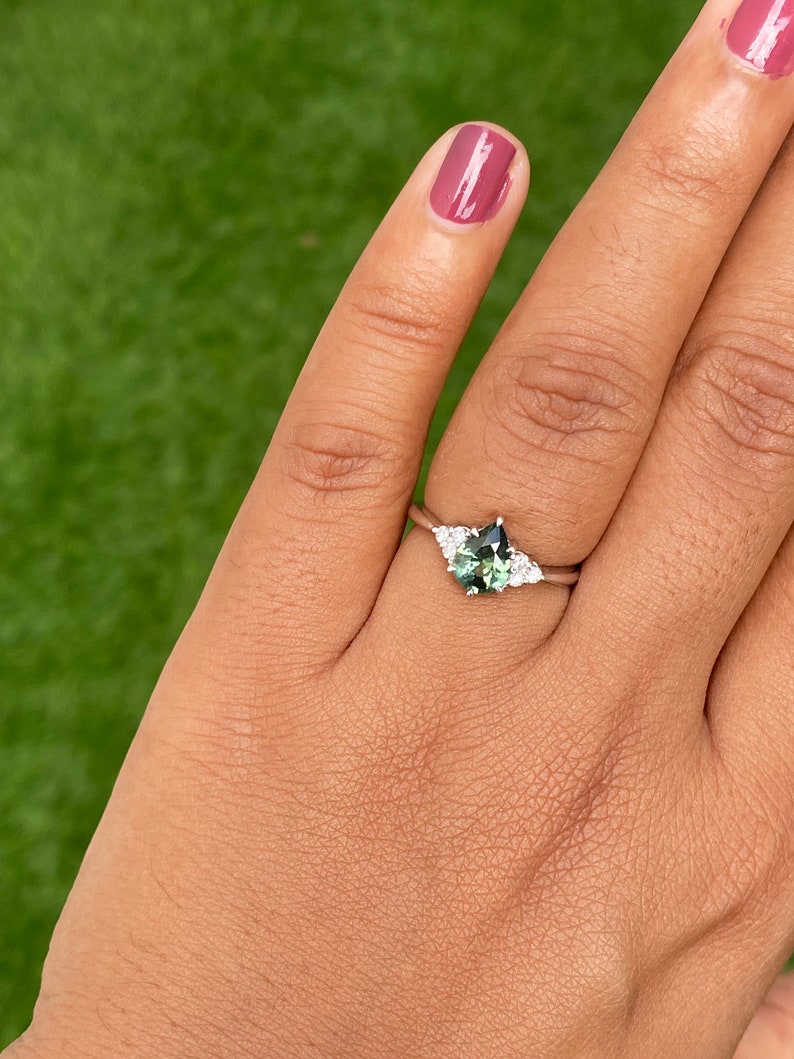 Pear Teal Sapphire Ring / Engagement Ring /Green Sapphire Ring, Peacock Sapphire Ring