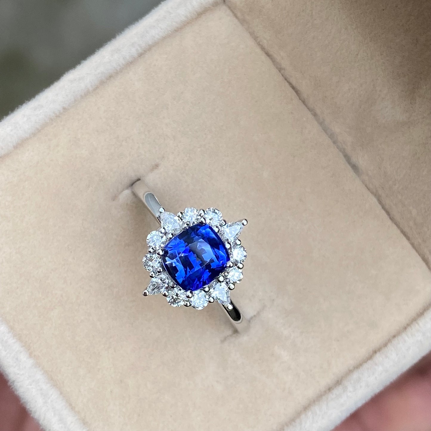 Ceylon Blue Sapphire Ring, Fairy Engagement ring, Blue Sapphire White Gold Ring, Sunburst Diamond Ring