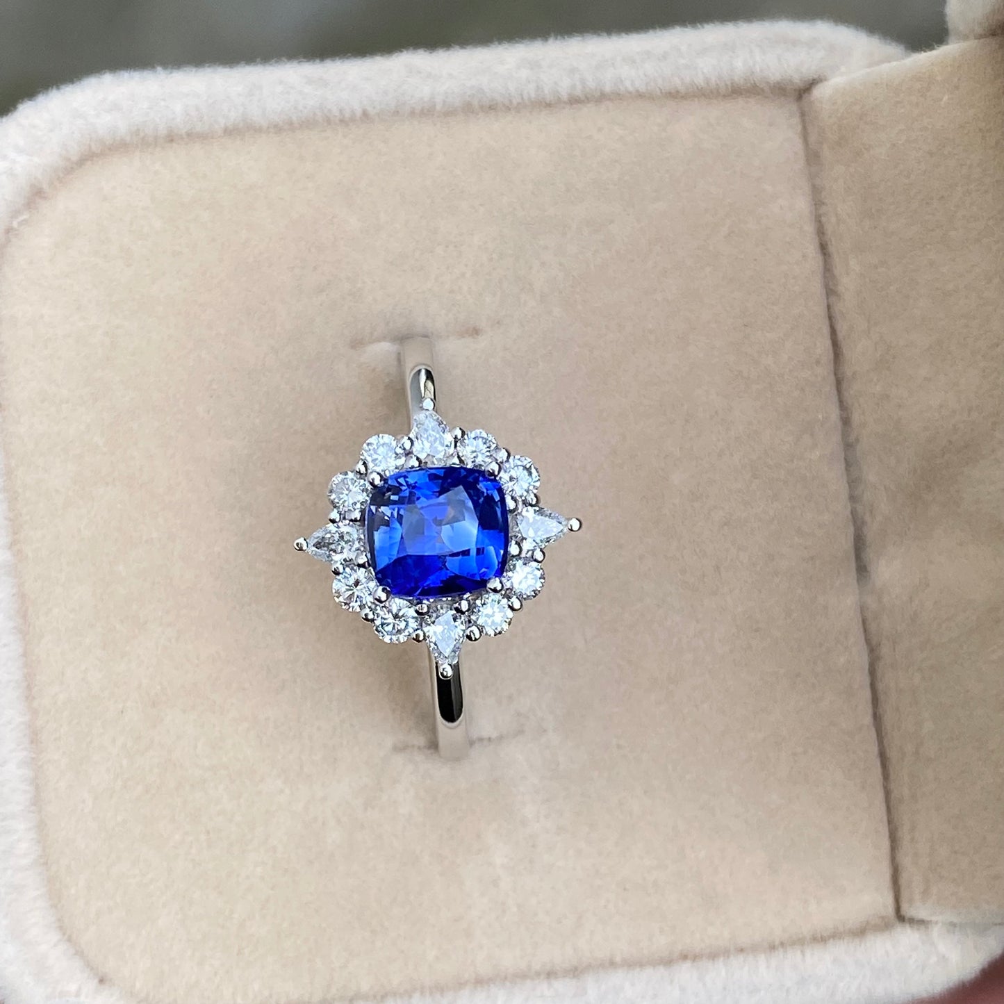 Ceylon Blue Sapphire Ring, Fairy Engagement ring, Blue Sapphire White Gold Ring, Sunburst Diamond Ring
