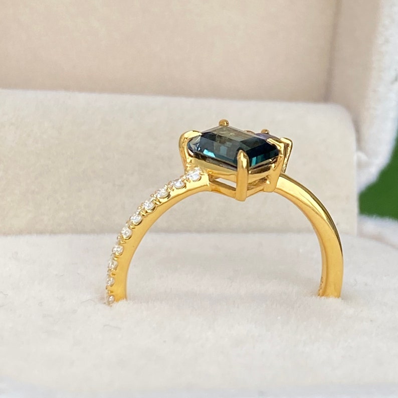 Teal Sapphire two stone Engagement Ring 14K Gold