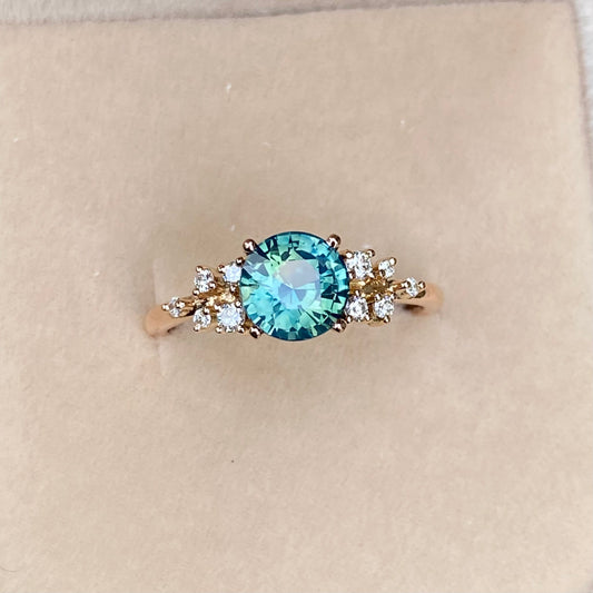 ISARA Round Teal Sapphire Ring 14K Rose Gold, Green Sapphire Engagement Ring