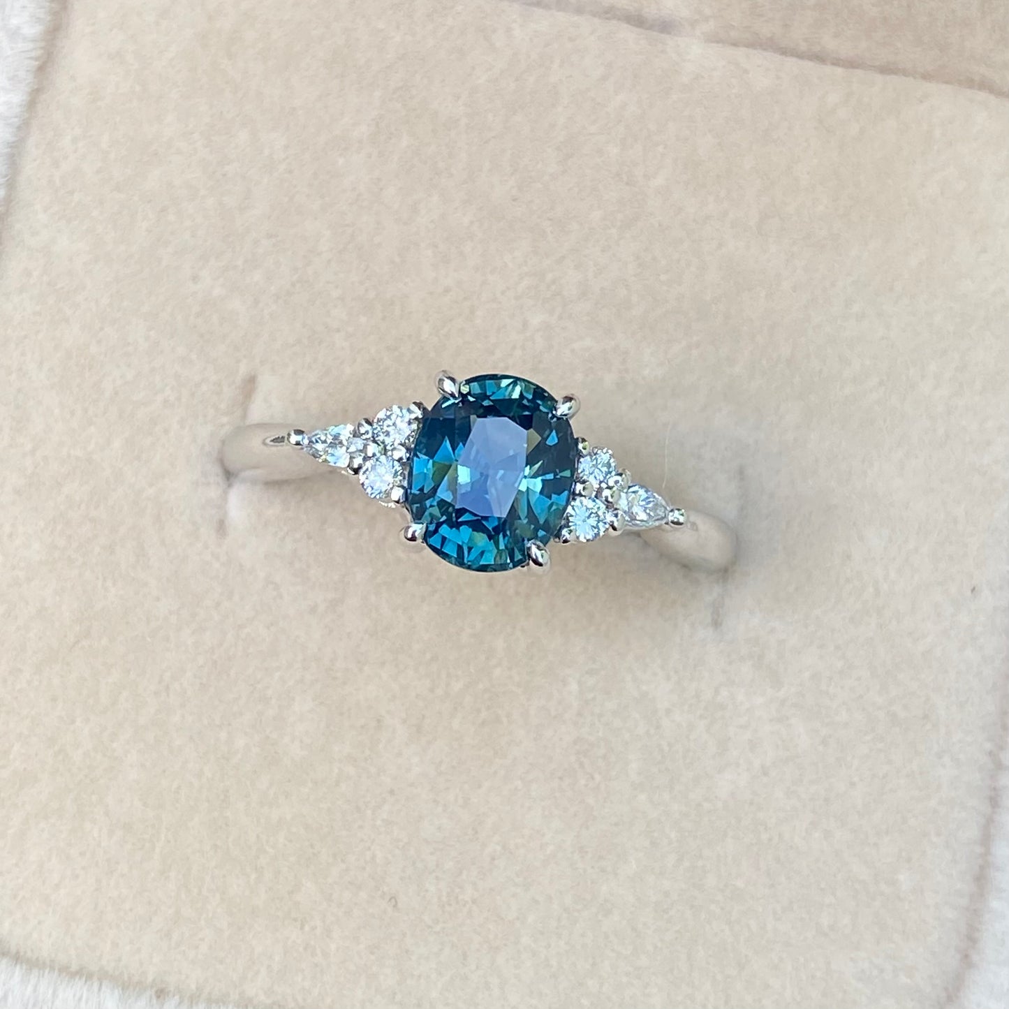 Oval Teal Sapphire Engagement Ring 14K White Gold, Blue Green Sapphire Ring