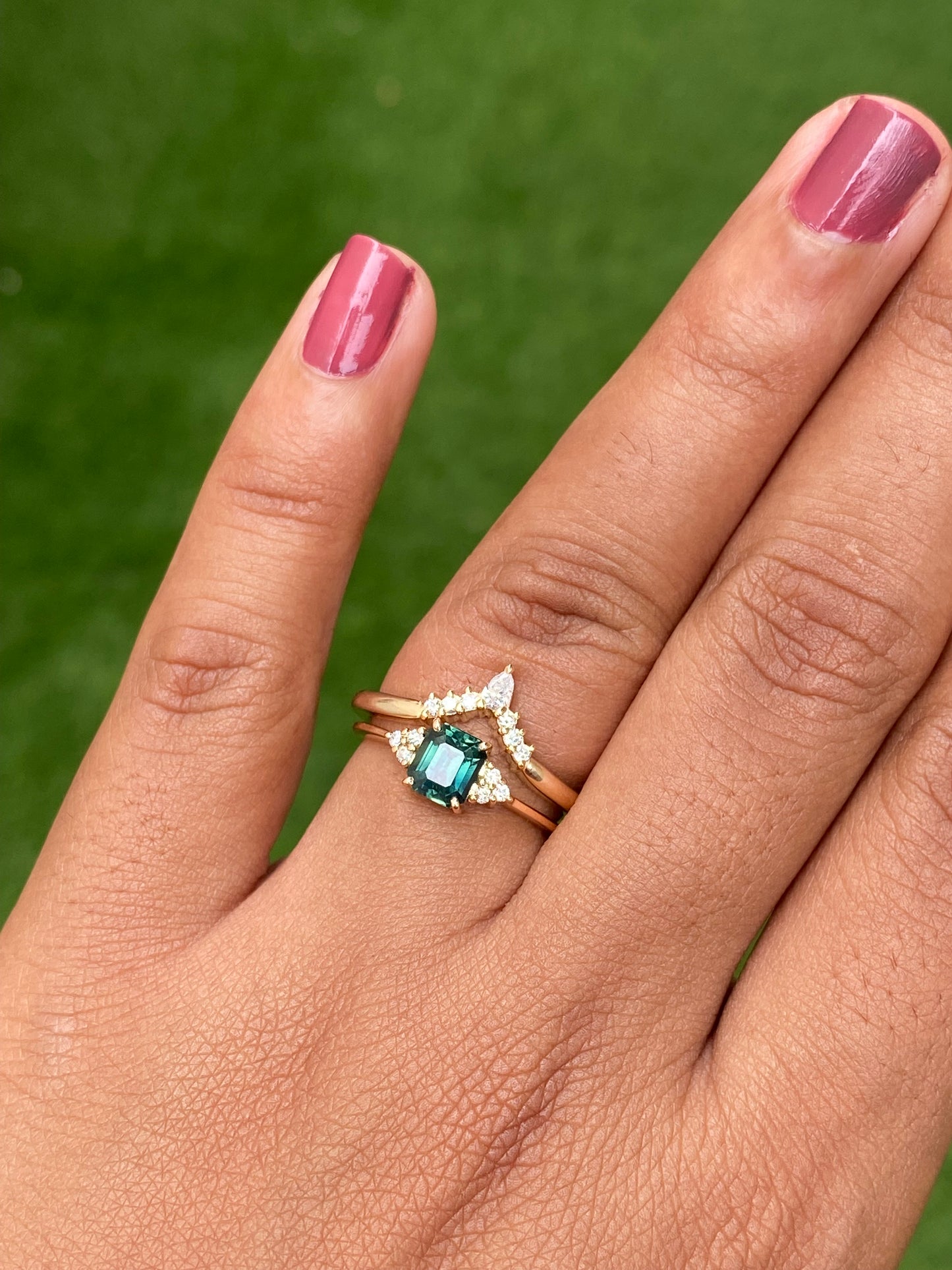 TARA Teal Sapphire Diamond Cluster Engagement Ring 14K Rose Gold