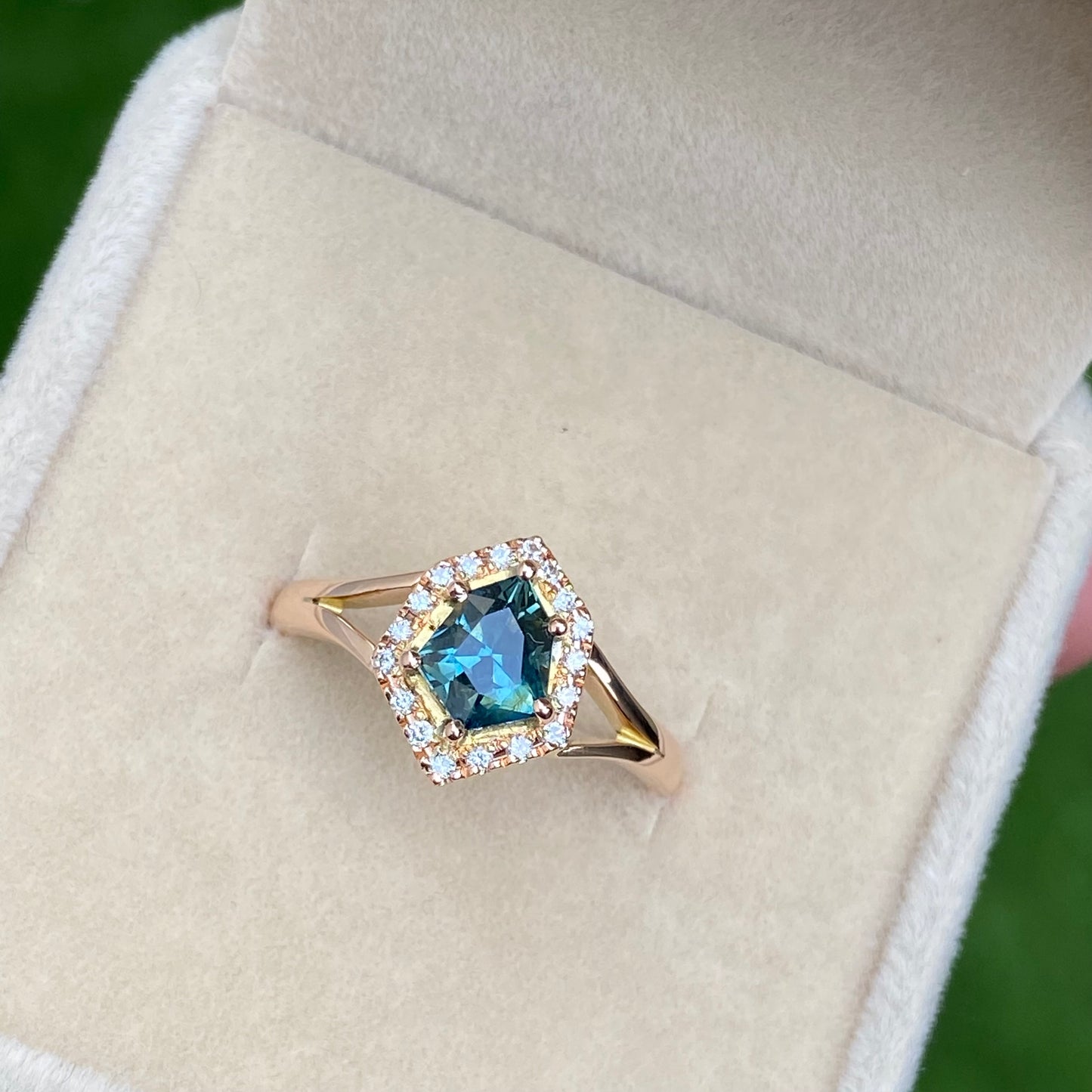 Teal Sapphire Engagement Ring, 14K Rose gold Diamond halo Ring