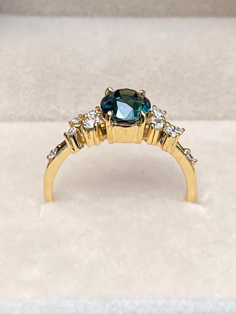 Oval Blue Green Sapphire Diamond cluster Ring 14K Solid Gold