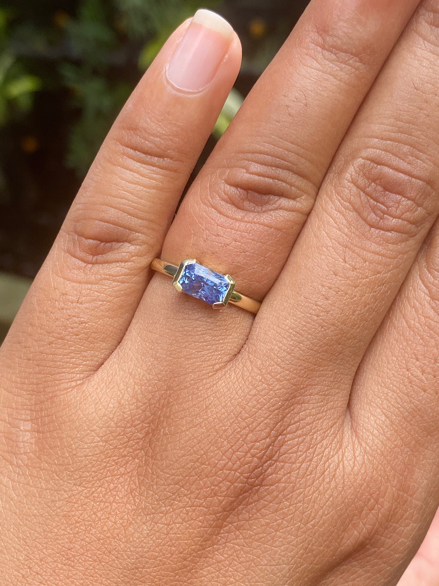Ceylon Blue Sapphire Ring / East West Engagement Ring / Half Bezel Ring, Natural Blue Sapphire