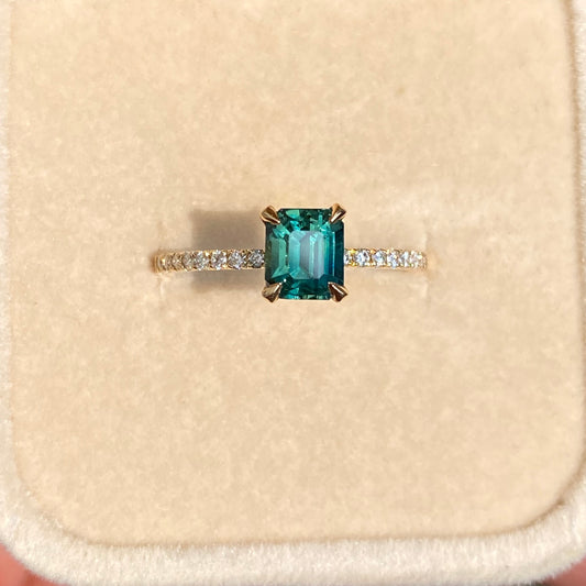 Natural Teal Sapphire Diamond Pave band Engagement Ring