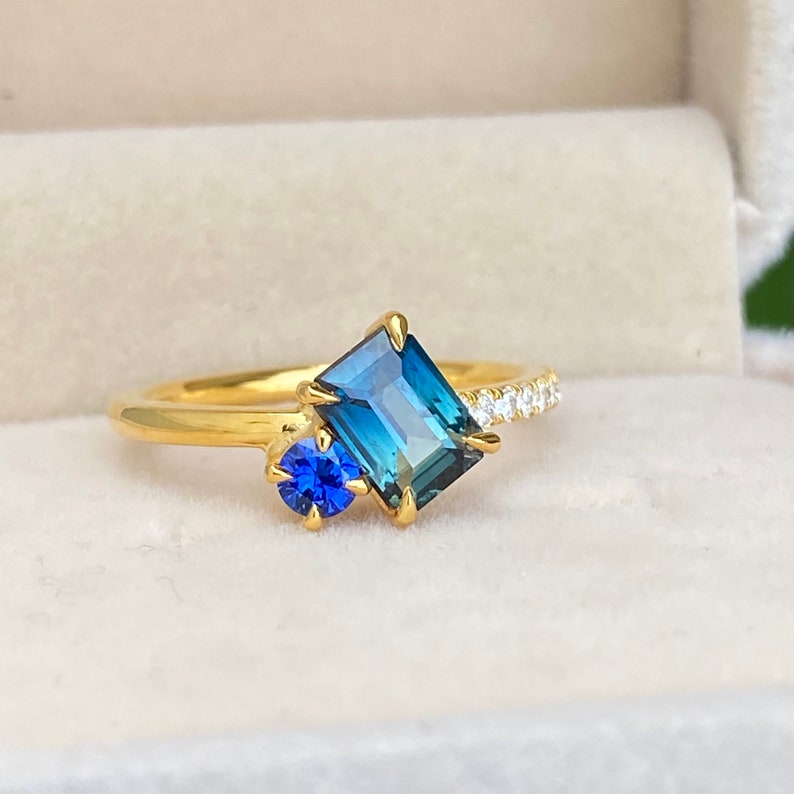 Teal Sapphire two stone Engagement Ring 14K Gold