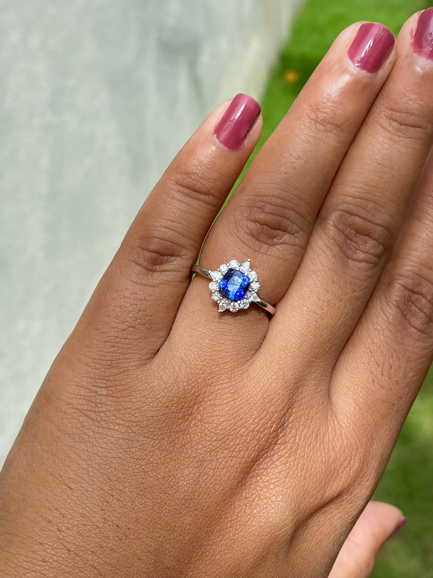 Ceylon Blue Sapphire Ring, Fairy Engagement ring, Blue Sapphire White Gold Ring, Sunburst Diamond Ring