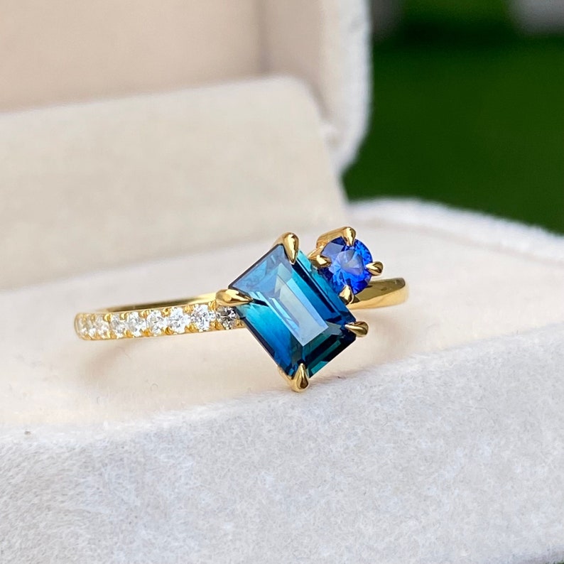Teal Sapphire two stone Engagement Ring 14K Gold