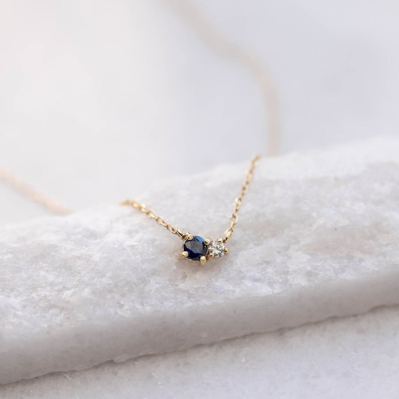 Natural Blue Sapphire & Diamond Necklace for Women 14K Solid Gold