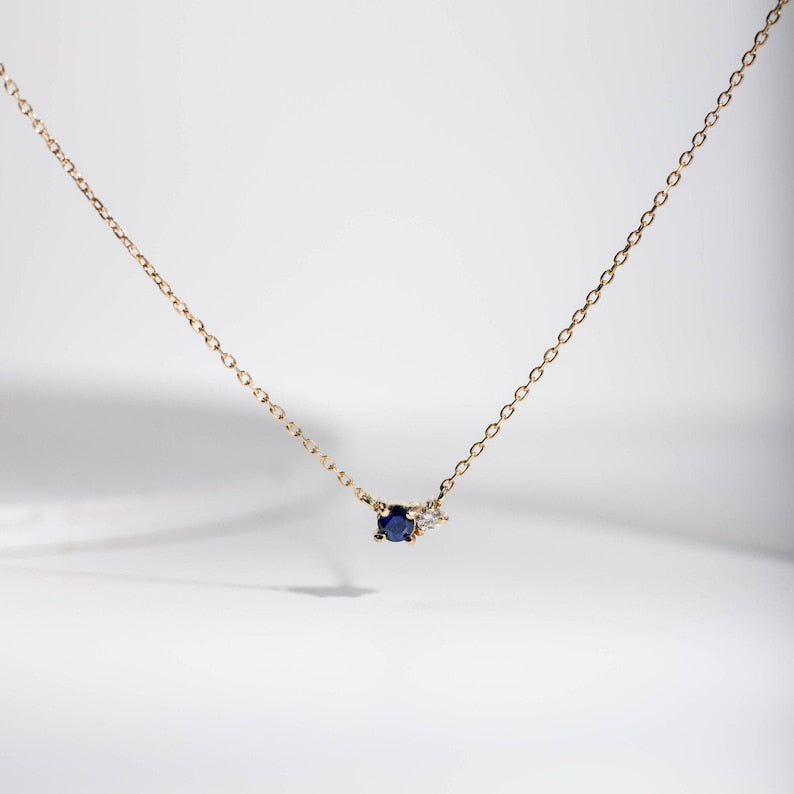 Natural Blue Sapphire & Diamond Necklace for Women 14K Solid Gold