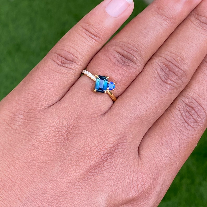 Teal Sapphire two stone Engagement Ring 14K Gold