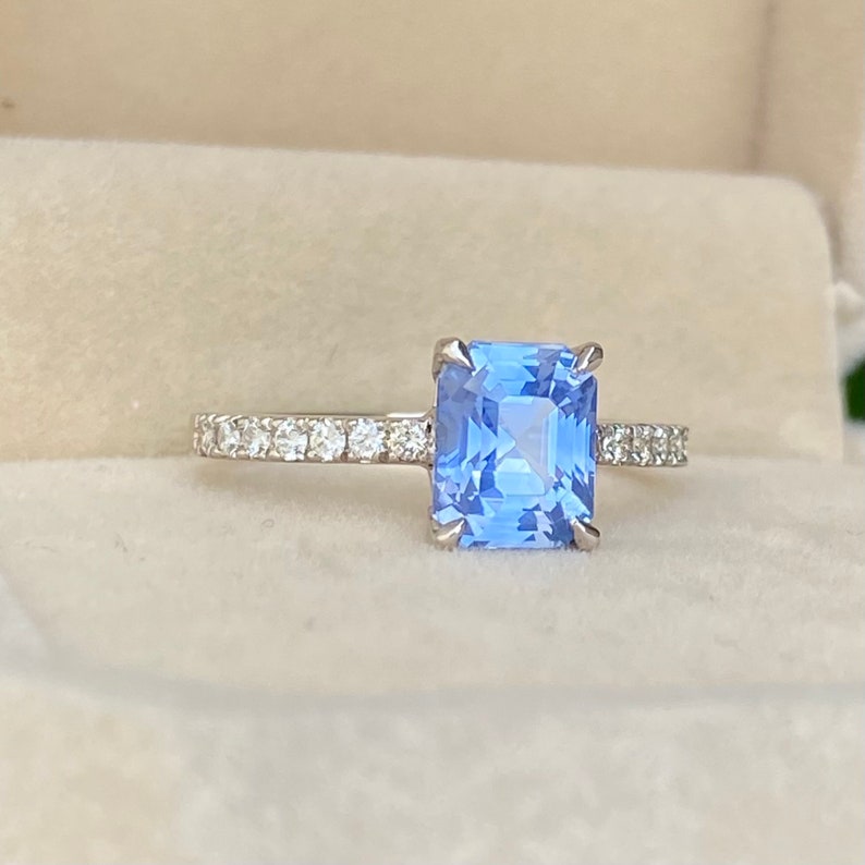 Light Blue Sapphire Diamond Engagement Ring 14K White Gold, Ceylon Blue Sapphire Ring