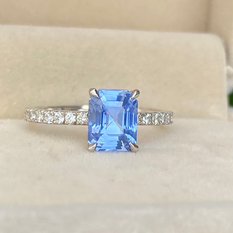 Light Blue Sapphire Diamond Engagement Ring 14K White Gold, Ceylon Blue Sapphire Ring