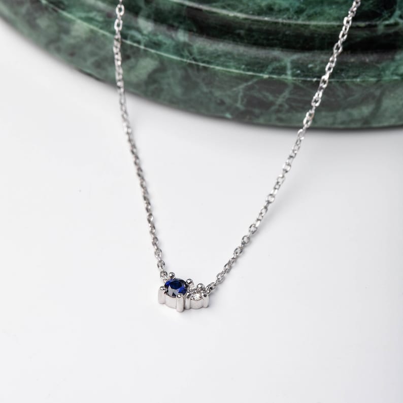 Natural Blue Sapphire & Diamond Necklace for Women 14K Solid Gold