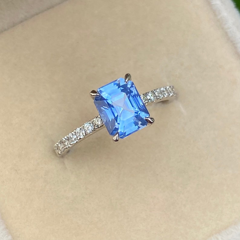 Light Blue Sapphire Diamond Engagement Ring 14K White Gold, Ceylon Blue Sapphire Ring