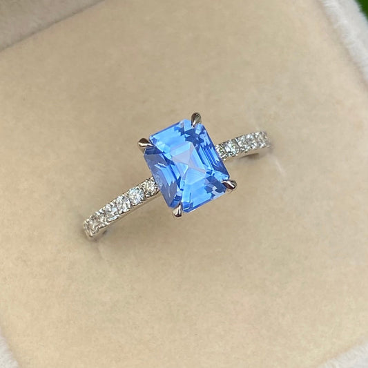Light Blue Sapphire Diamond Engagement Ring 14K White Gold, Ceylon Blue Sapphire Ring
