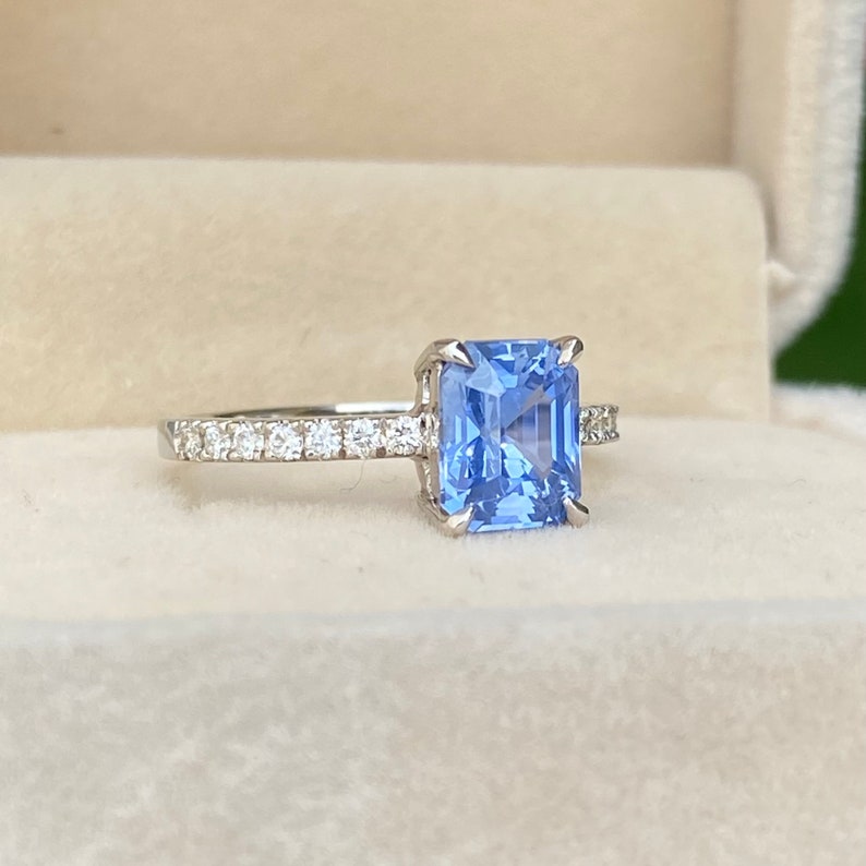 Light Blue Sapphire Diamond Engagement Ring 14K White Gold, Ceylon Blue Sapphire Ring
