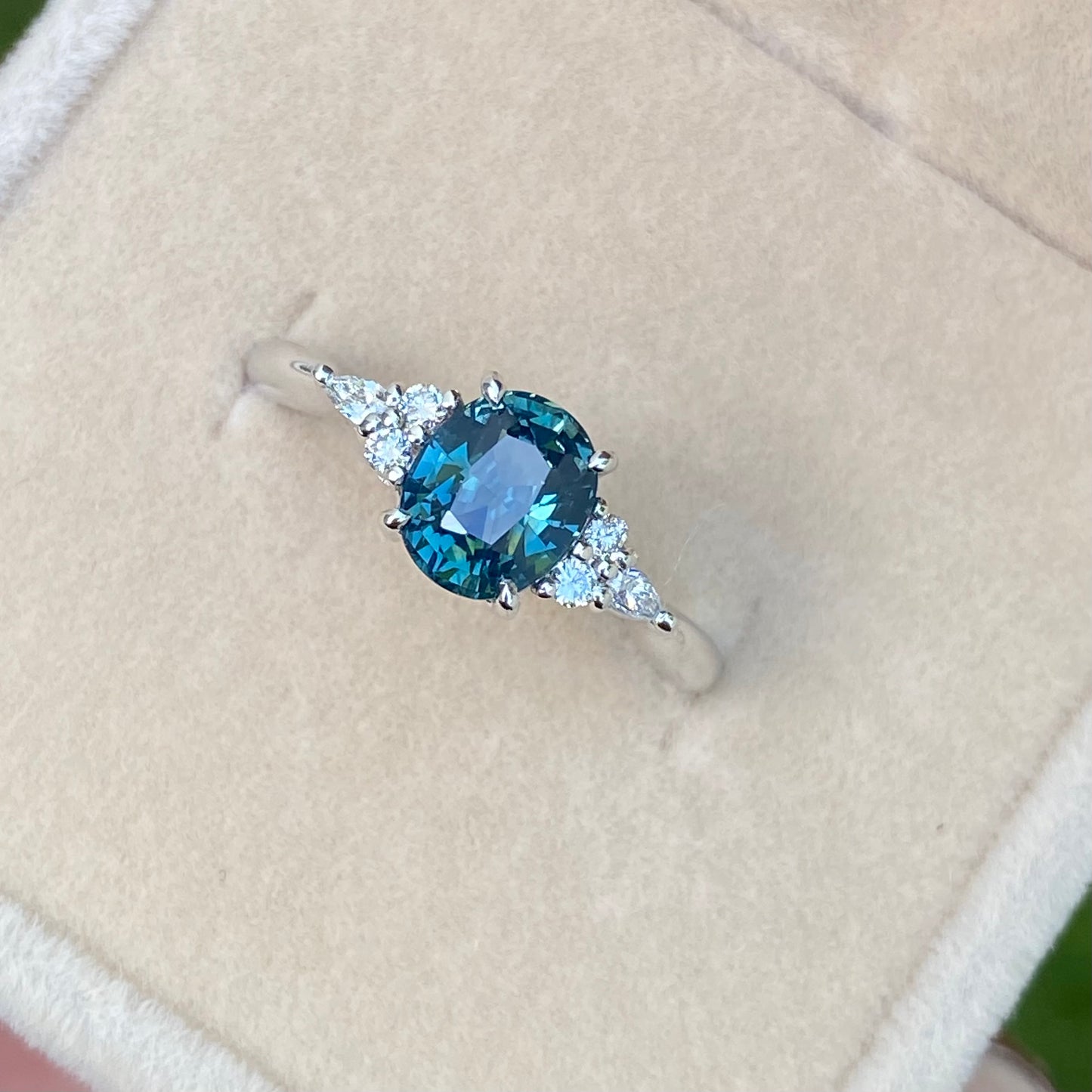 Oval Teal Sapphire Engagement Ring 14K White Gold, Blue Green Sapphire Ring