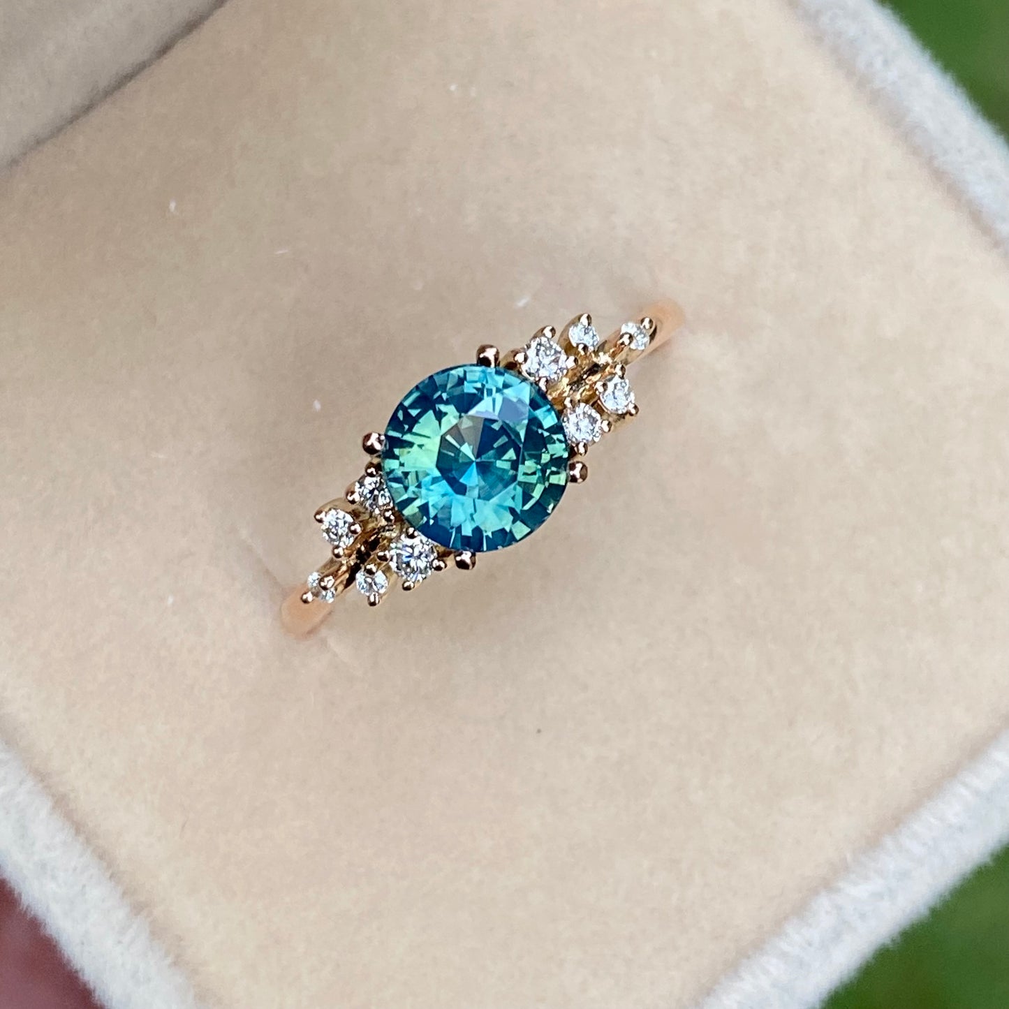 ISARA Round Teal Sapphire Ring 14K Rose Gold, Green Sapphire Engagement Ring