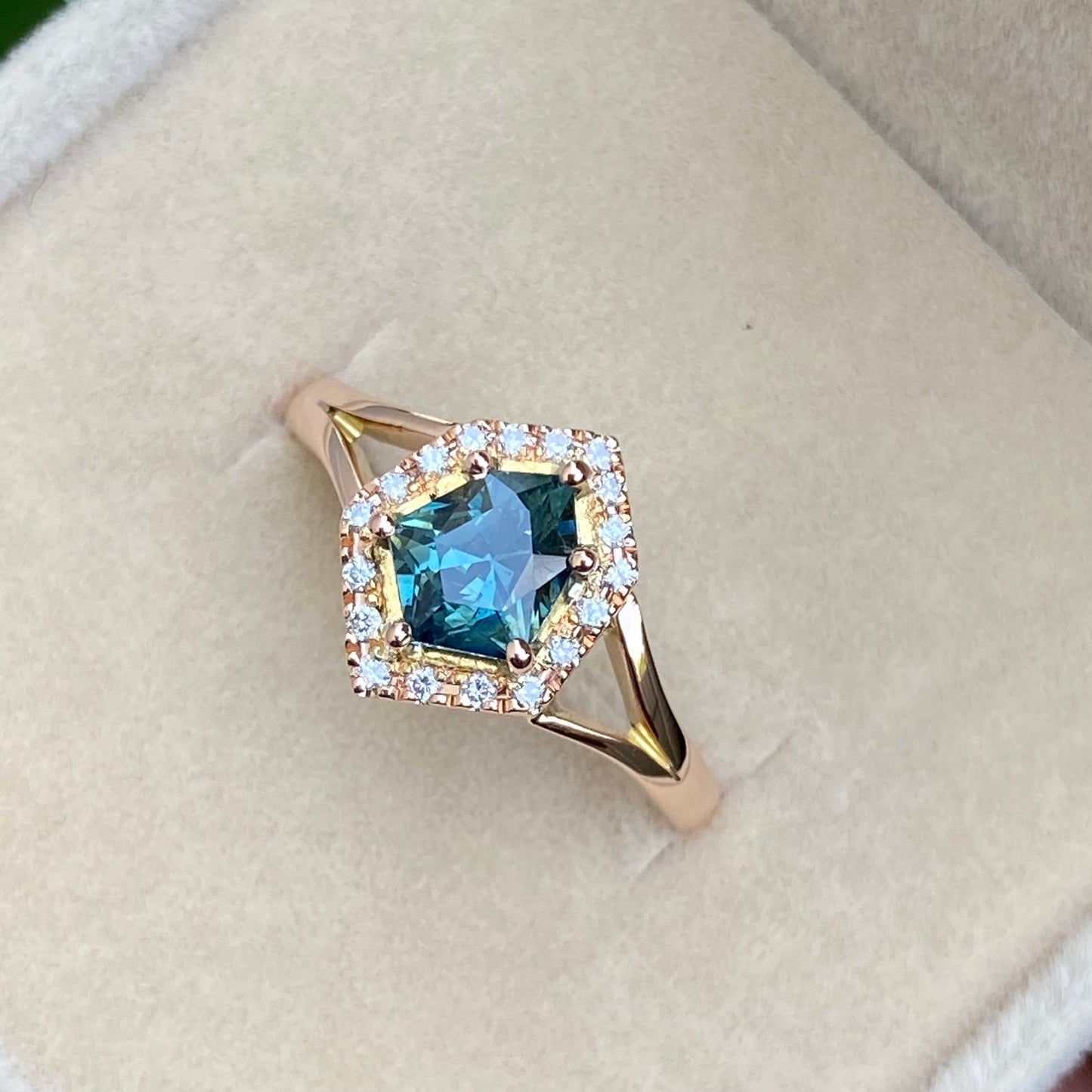 Teal Sapphire Engagement Ring, 14K Rose gold Diamond halo Ring