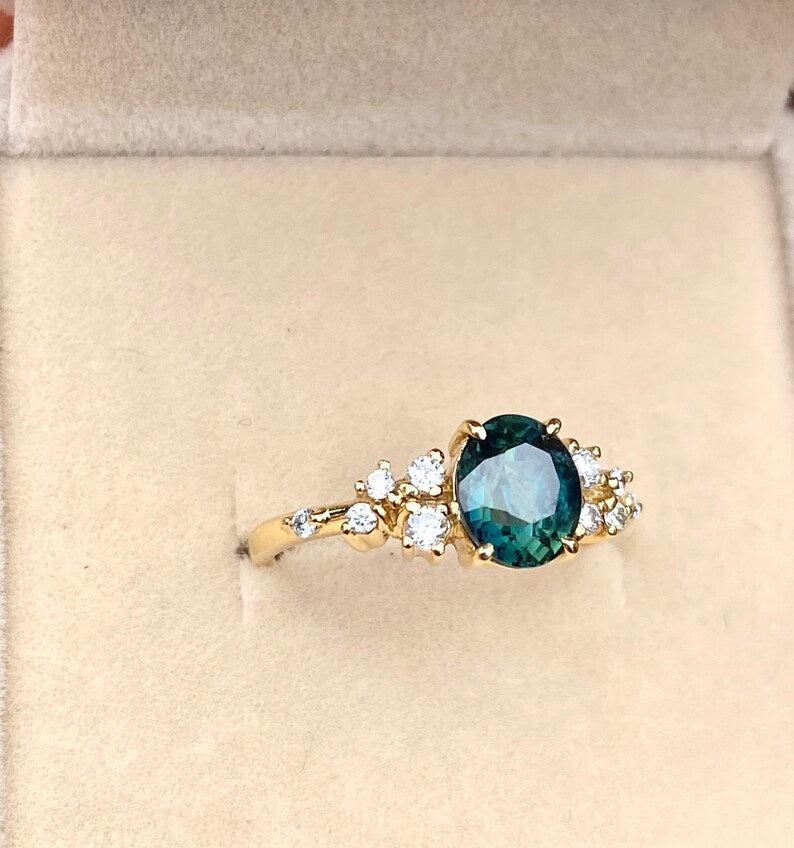Oval Blue Green Sapphire Diamond cluster Ring 14K Solid Gold
