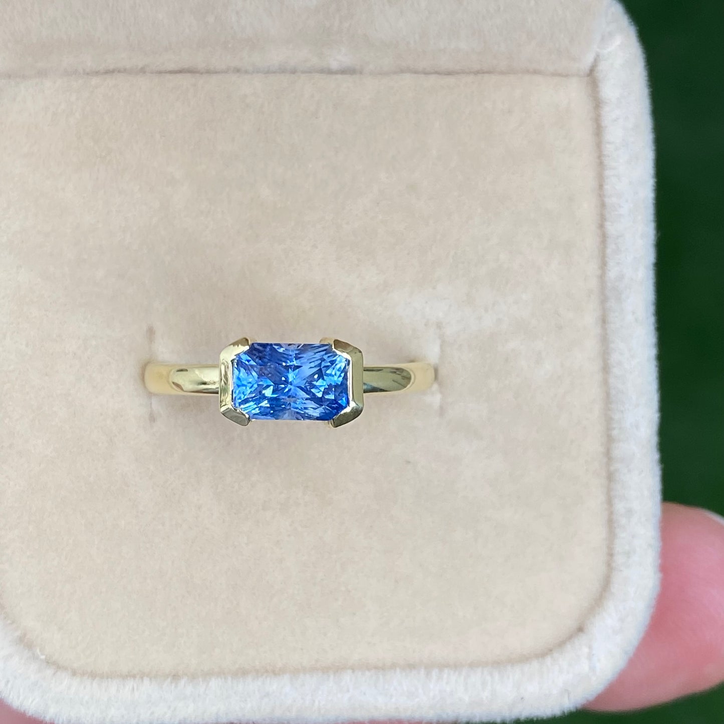Ceylon Blue Sapphire Ring / East West Engagement Ring / Half Bezel Ring, Natural Blue Sapphire