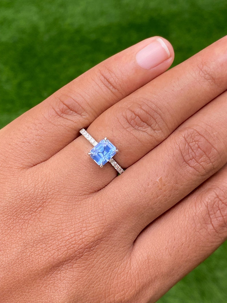 Light Blue Sapphire Diamond Engagement Ring 14K White Gold, Ceylon Blue Sapphire Ring