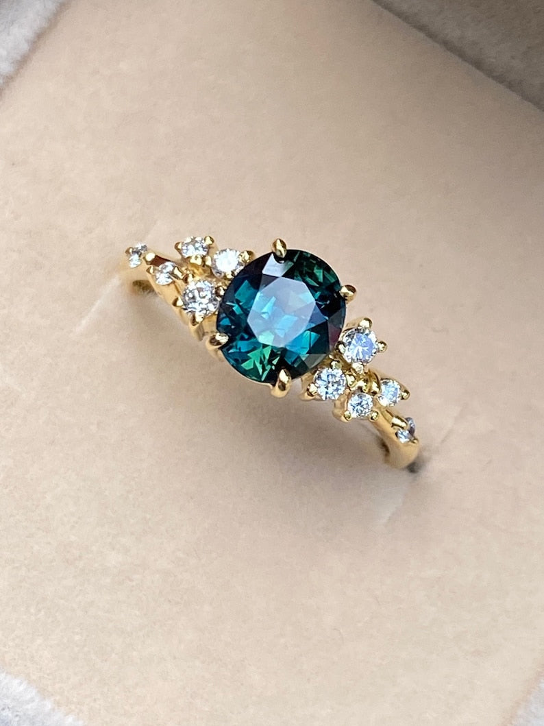 Oval Blue Green Sapphire Diamond cluster Ring 14K Solid Gold