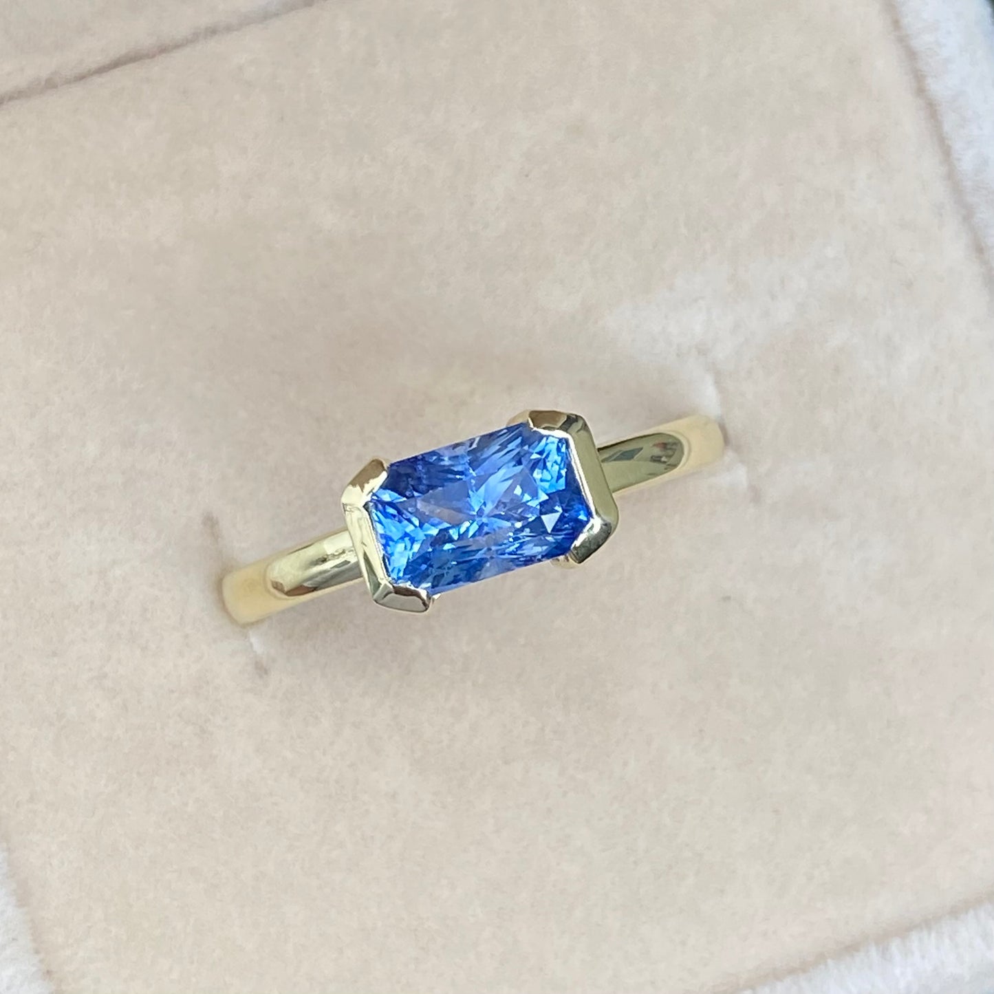 Ceylon Blue Sapphire Ring / East West Engagement Ring / Half Bezel Ring, Natural Blue Sapphire