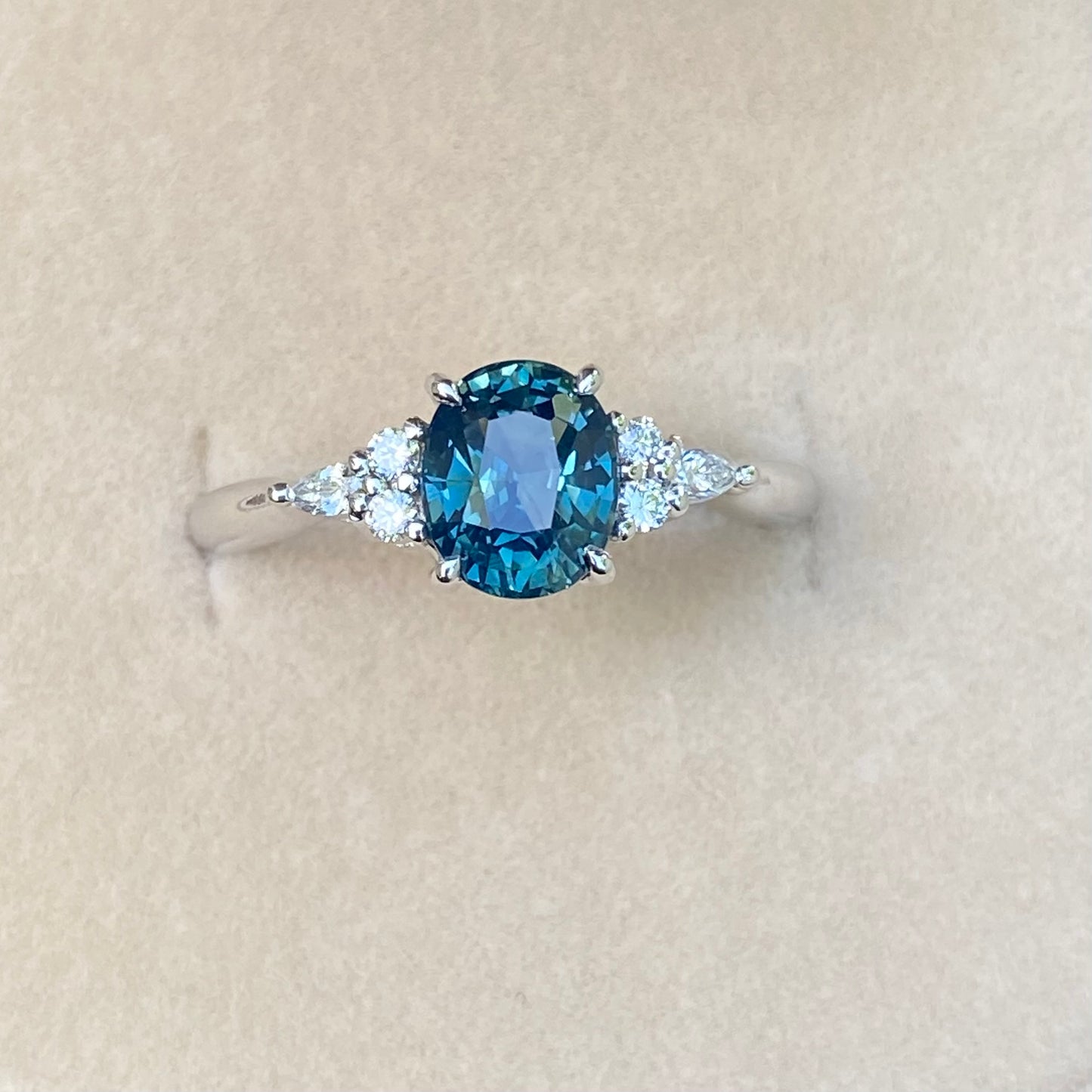 Oval Teal Sapphire Engagement Ring 14K White Gold, Blue Green Sapphire Ring