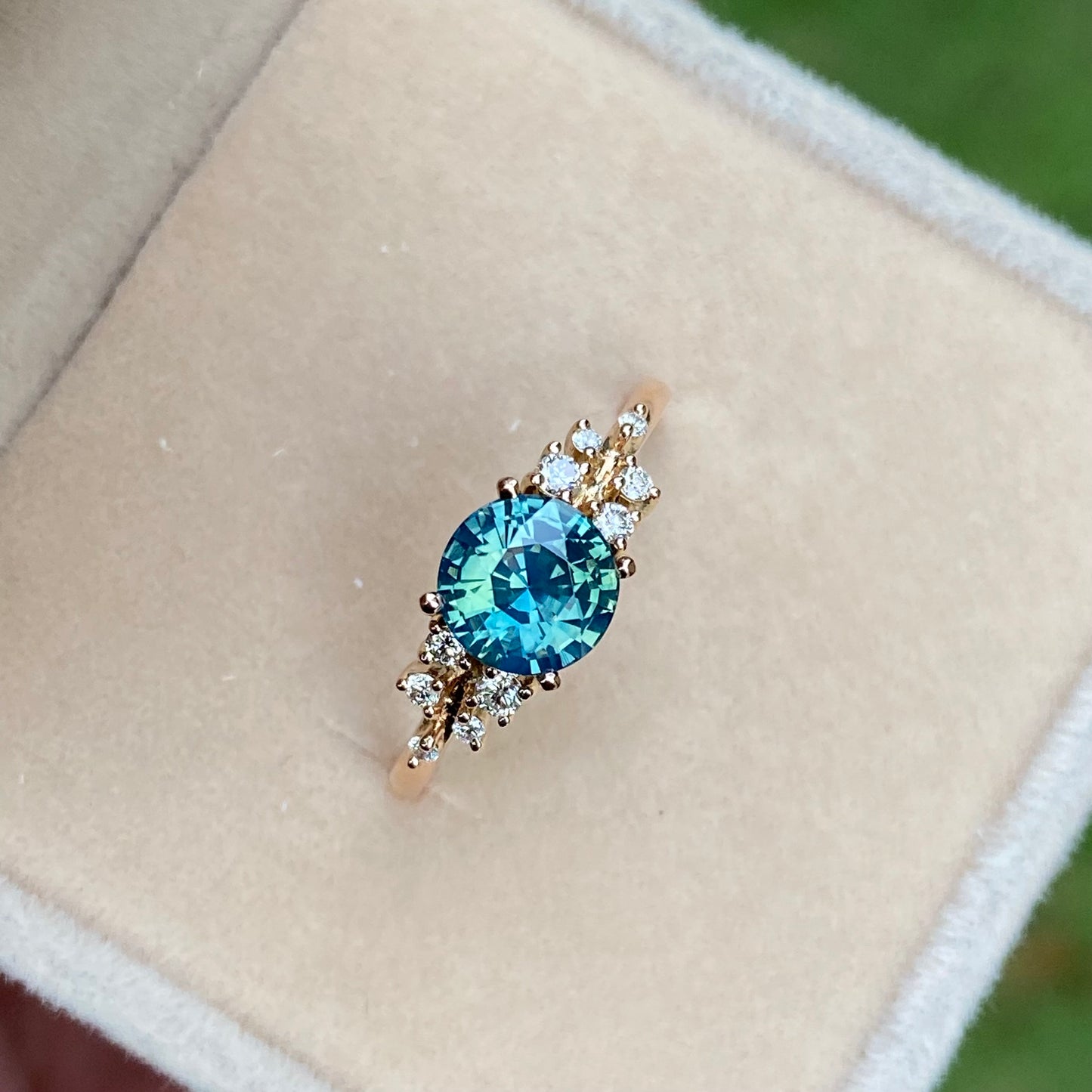 ISARA Round Teal Sapphire Ring 14K Rose Gold, Green Sapphire Engagement Ring
