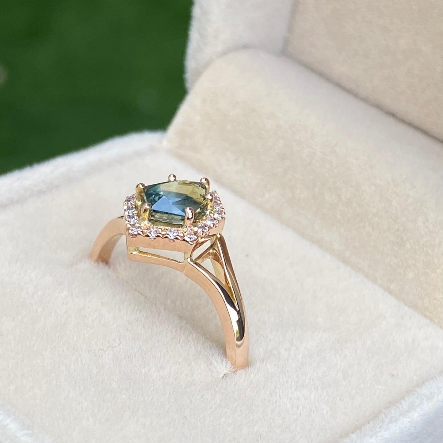 Teal Sapphire Engagement Ring, 14K Rose gold Diamond halo Ring