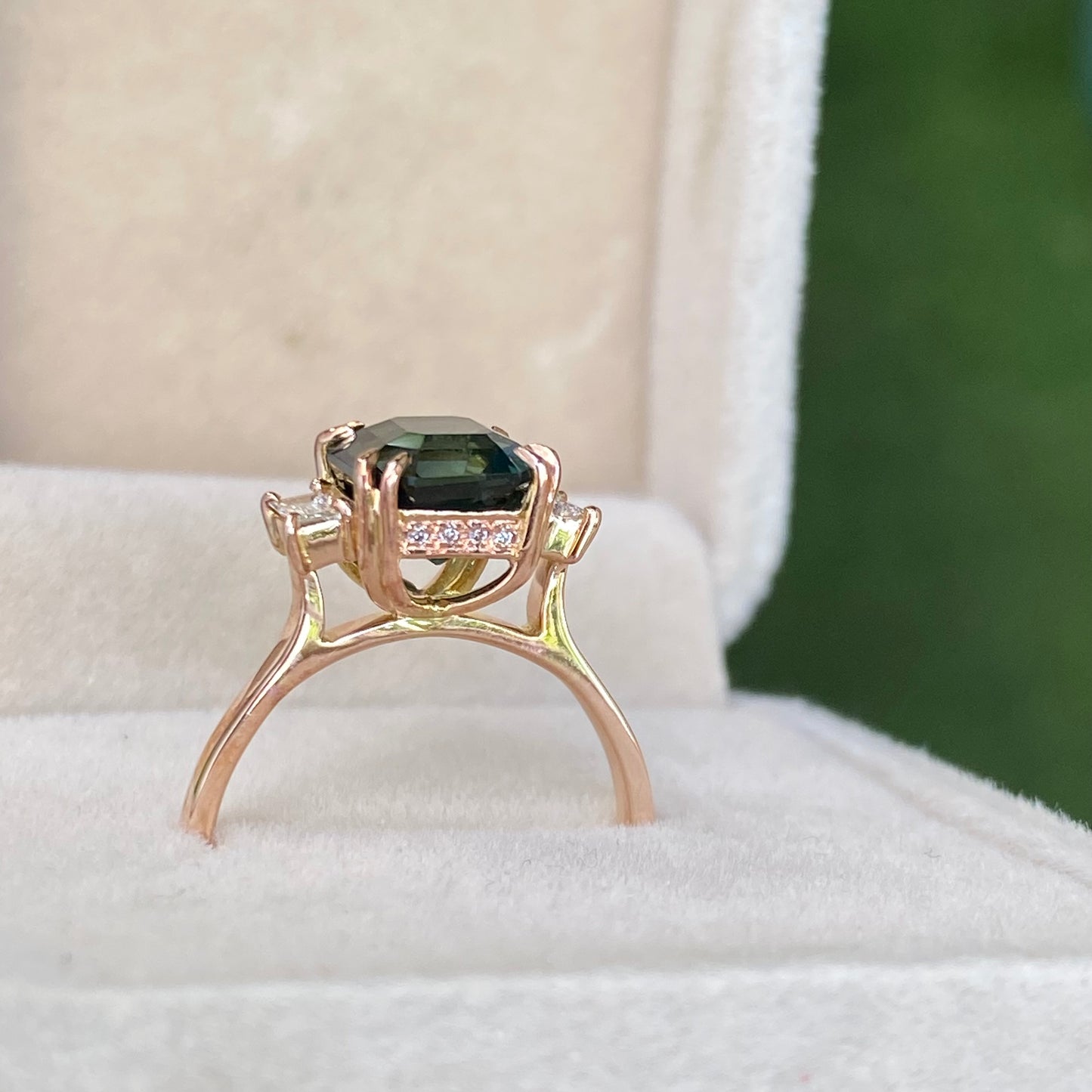 3 carat Teal Sapphire Ring, Baguette Diamond Three Stone Engagement Ring