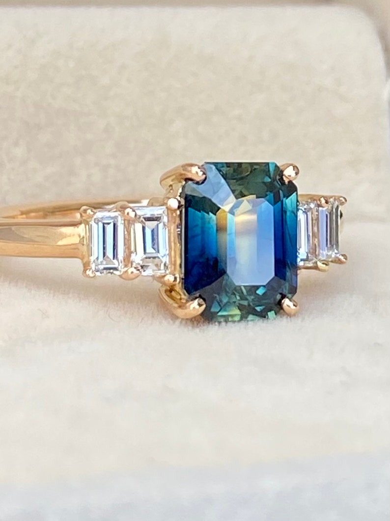 Blue Green Sapphire Diamond Engagement Ring 14K Rose Gold