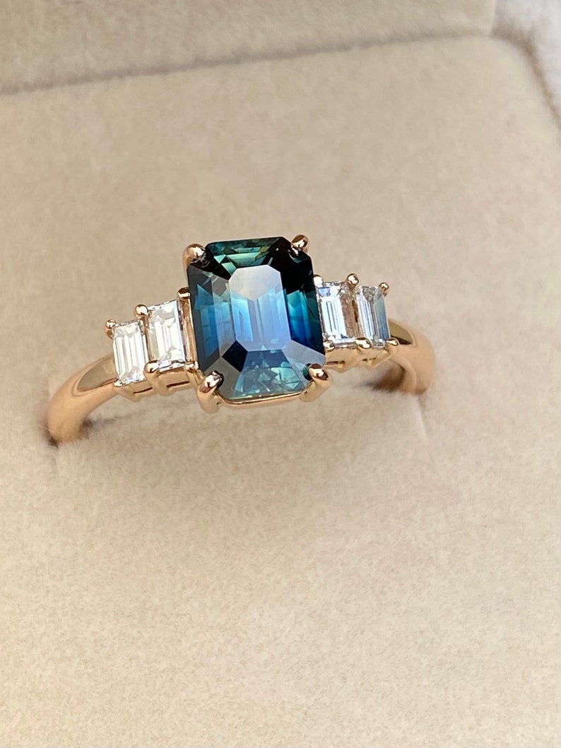 Blue Green Sapphire Diamond Engagement Ring 14K Rose Gold
