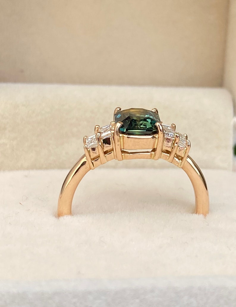 Blue Green Sapphire Diamond Engagement Ring 14K Rose Gold