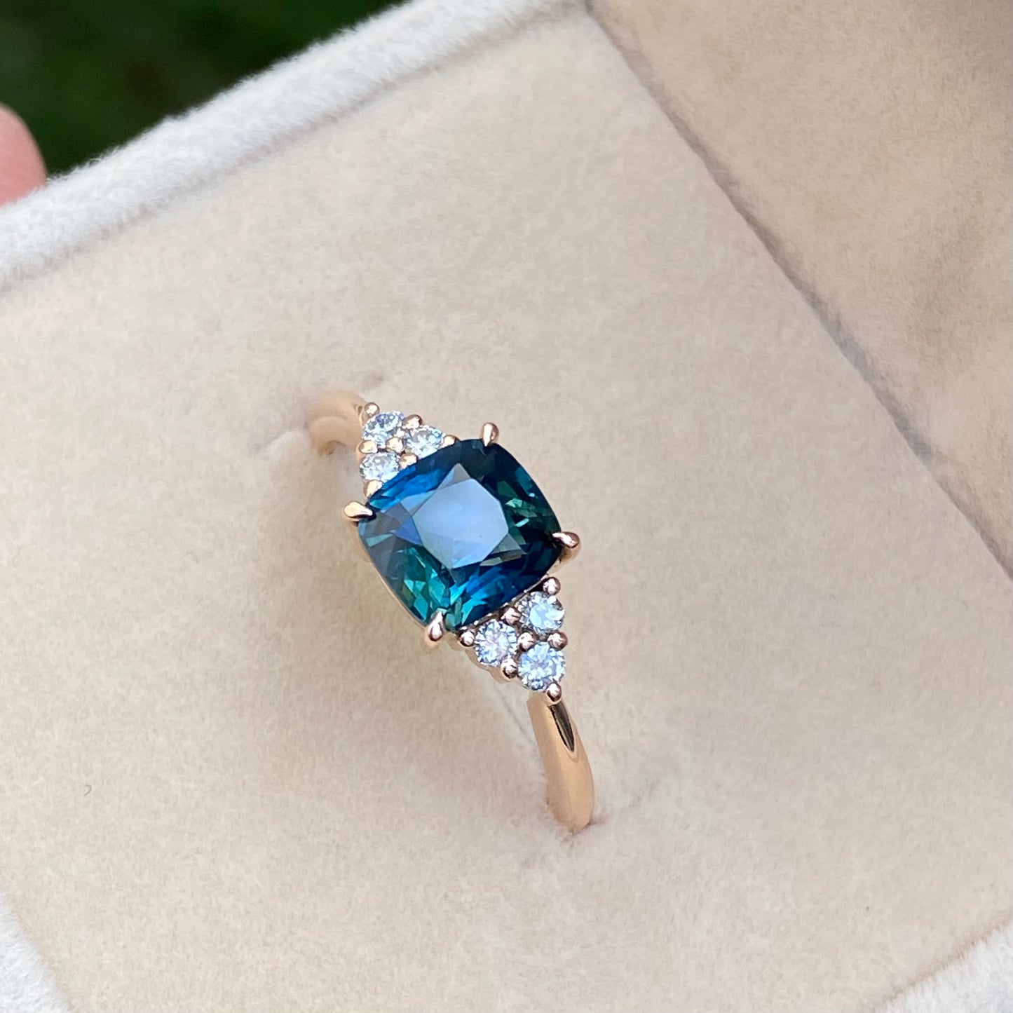Cushion Cut Teal Sapphire Engagement Ring, Blue Green Sapphire ring