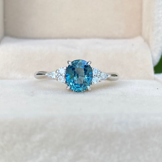 Oval Teal Sapphire Engagement Ring 14K White Gold, Blue Green Sapphire Ring